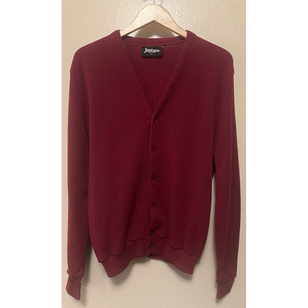 Vintage Jantzen Sweater Mens Large Red Cardigan Grandpa V Neck Button USA‎ Retro